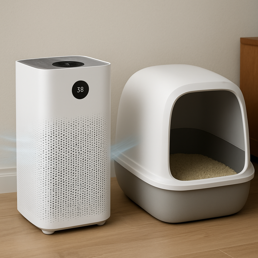 A modern air purifier placed next to a cat litter box with a sleek, partially open enclosure, showing a subtle airflow animation. Alt: Air purifier for cat litter box odor control in a tidy home setting.