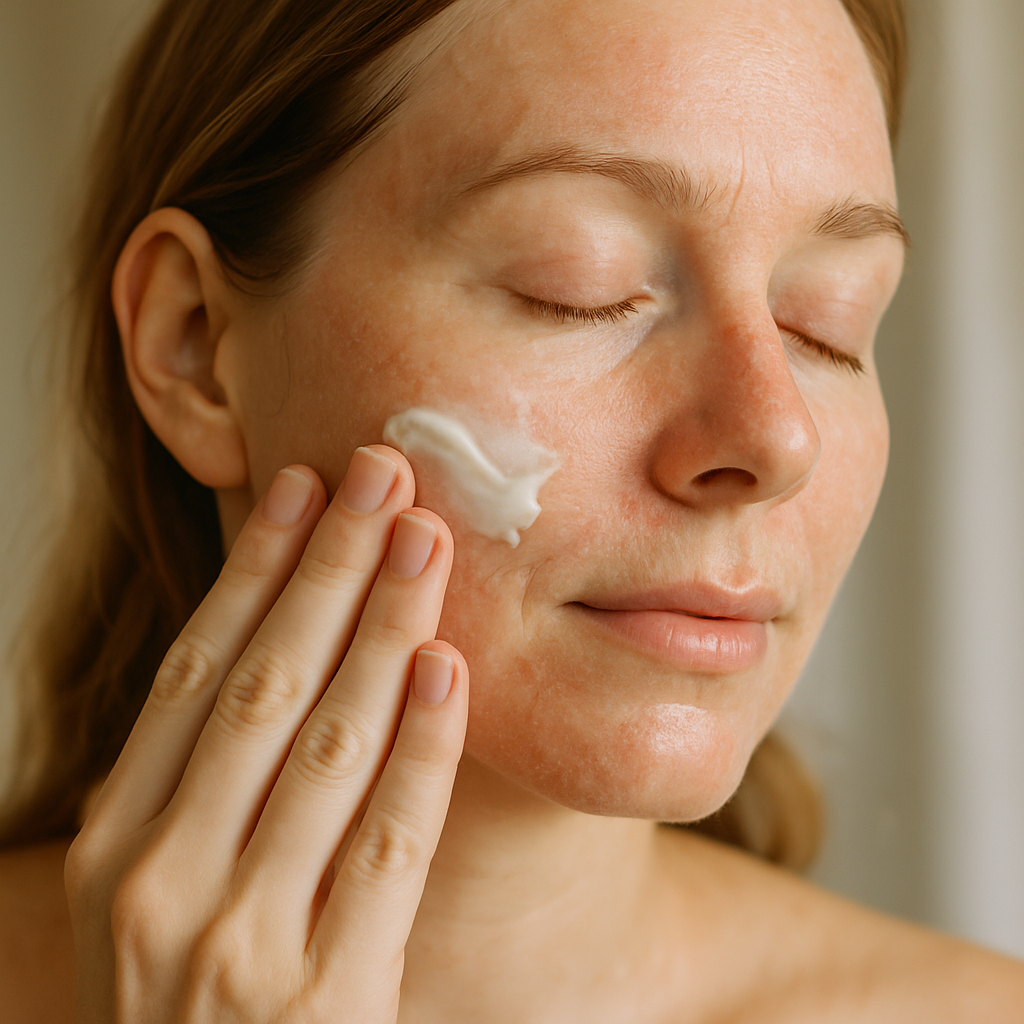 A close-up of a woman gently applying moisturizer to her face after a chemical peel, with soft natural lighting. Alt: Woman applying gentle moisturizer as part of chemical peel aftercare routine.