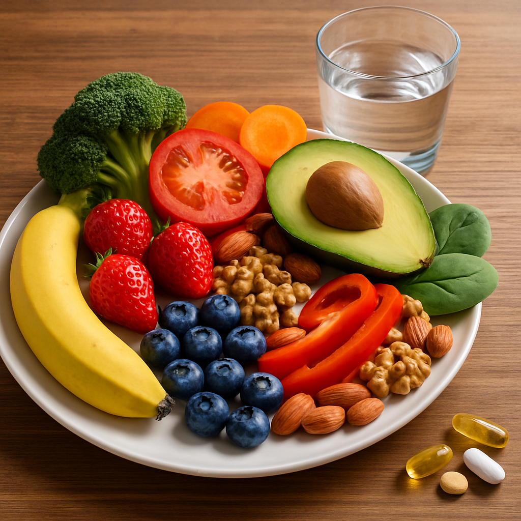 A vibrant plate of colorful fruits, vegetables, nuts, and a glass of water on a wooden table. Alt: Healthy foods and supplements supporting chemical peel aftercare and skin healing.