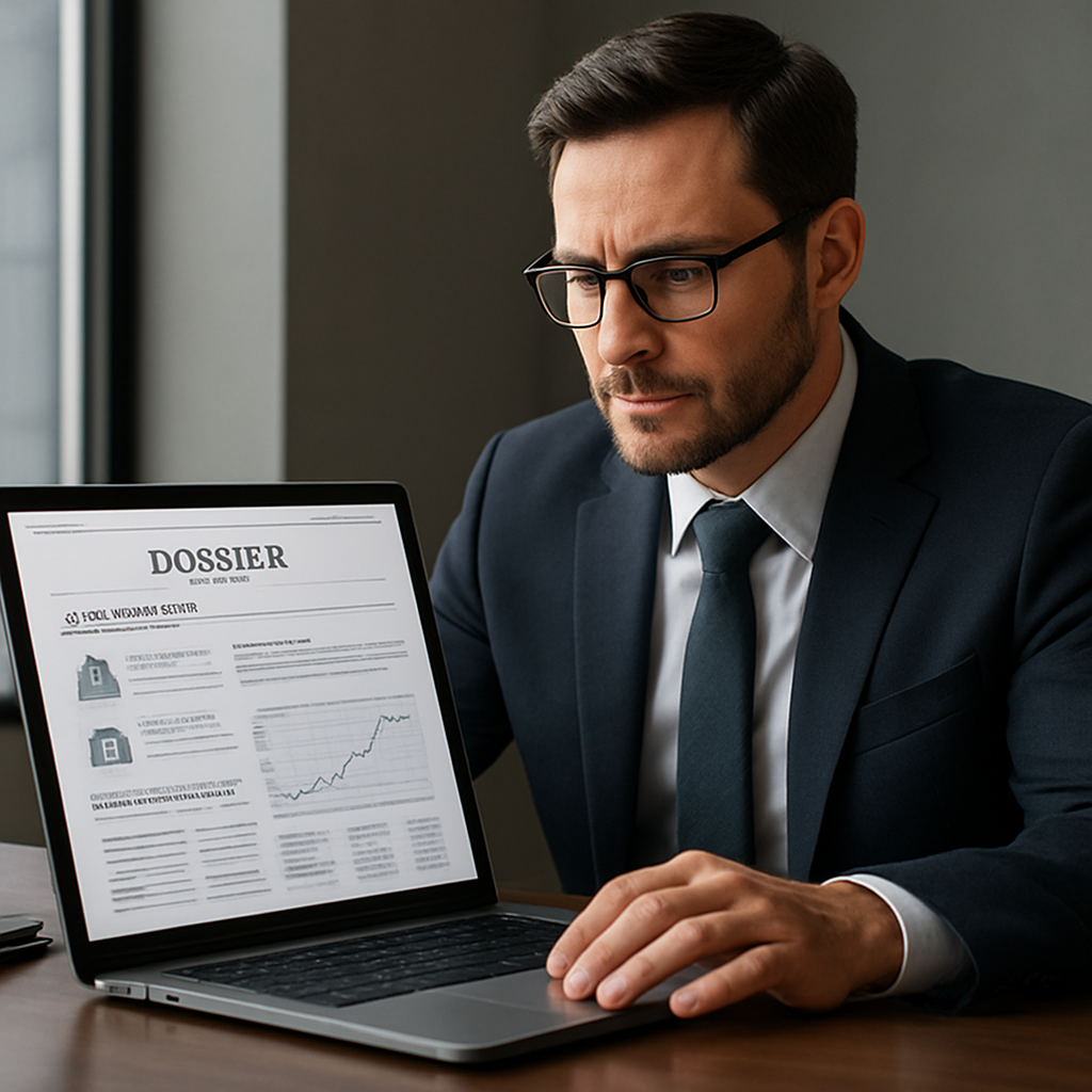 A professional negotiator reviewing a dossier of company profiles and financial reports on a sleek laptop. Alt: contract negotiation counterparty research visual