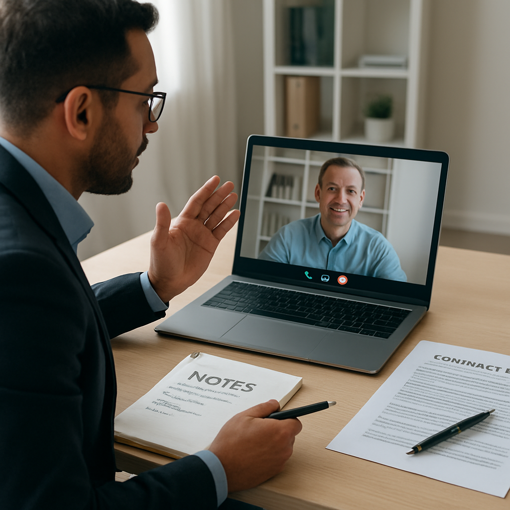 A procurement professional speaking with a supplier over a video conference, showing clear notes and a contract draft. Alt: contract negotiation communication tips
