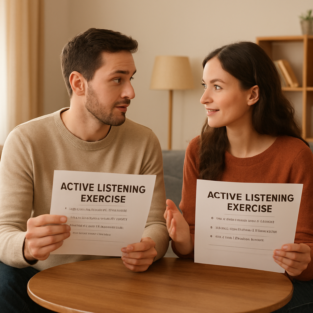 A cozy living‑room scene with a couple sitting at a small table, each holding a printed PDF worksheet, actively listening and mirroring each other's words. Alt: Active Listening Exercise couples communication exercises pdf