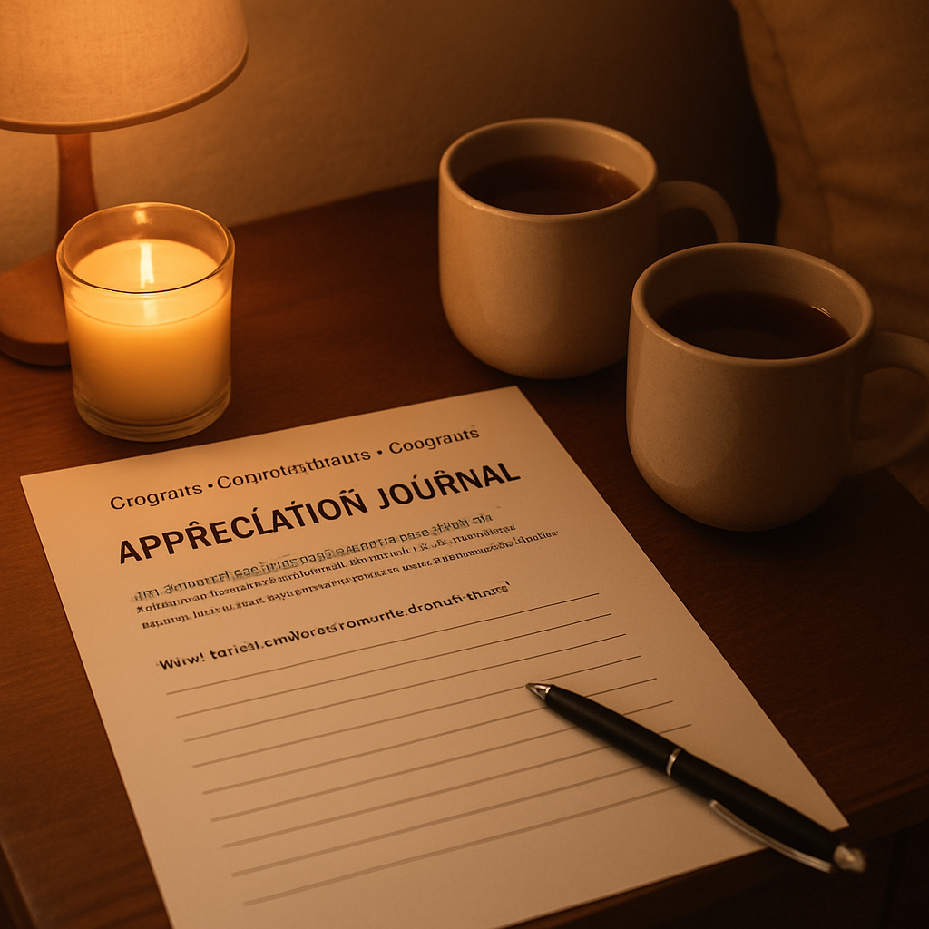 A cozy nightstand with a couples communication exercises pdf opened to an appreciation journal page, two mugs of tea, soft candlelight, and a pen resting on the page. Alt: couples using appreciation journaling exercise at night.