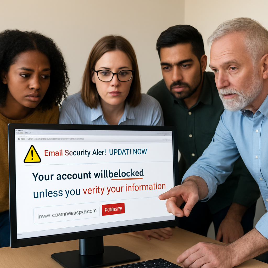 A diverse group of small‑business employees gathered around a computer screen displaying a mock phishing email, with highlighted warning signs. Alt: Ongoing cybersecurity awareness training simulation for employees.
