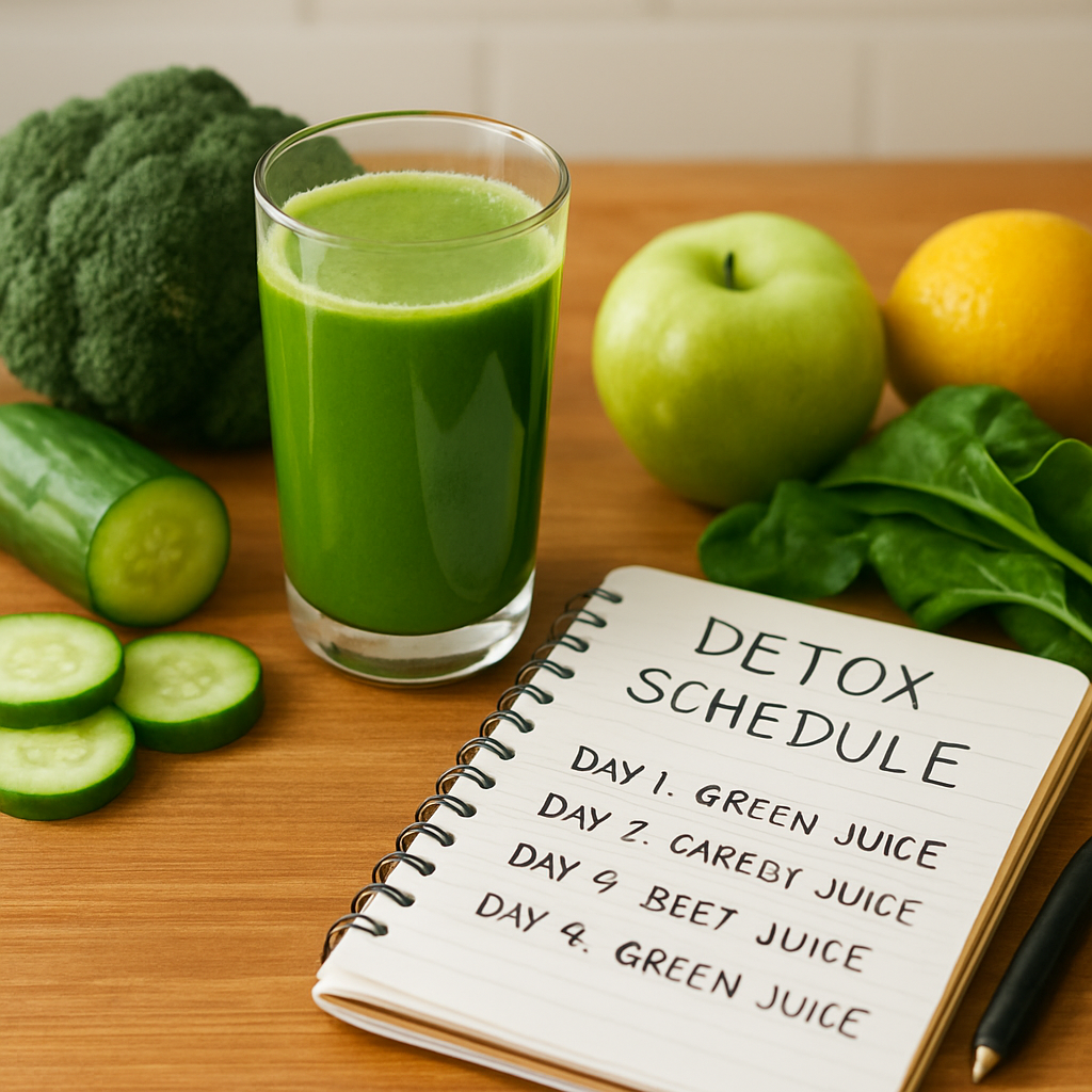 A bright, inviting kitchen counter with a glass of vibrant green juice, fresh vegetables and fruits laid out, a notebook open with a simple detox schedule written, soft natural lighting. Alt: Juice cleanse detox program starter guide visual.