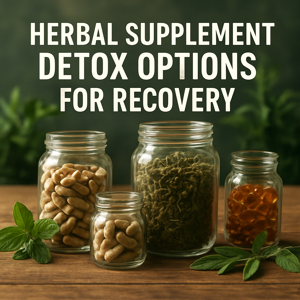 A calming scene of various herbal supplements in glass jars on a wooden table, Alt: Herbal supplement detox options for recovery