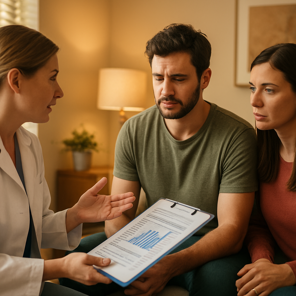 A warm, well‑lit detox assessment room with a caring clinician reviewing lab results with a patient and their family member. Alt: detox assessment medical evaluation for families