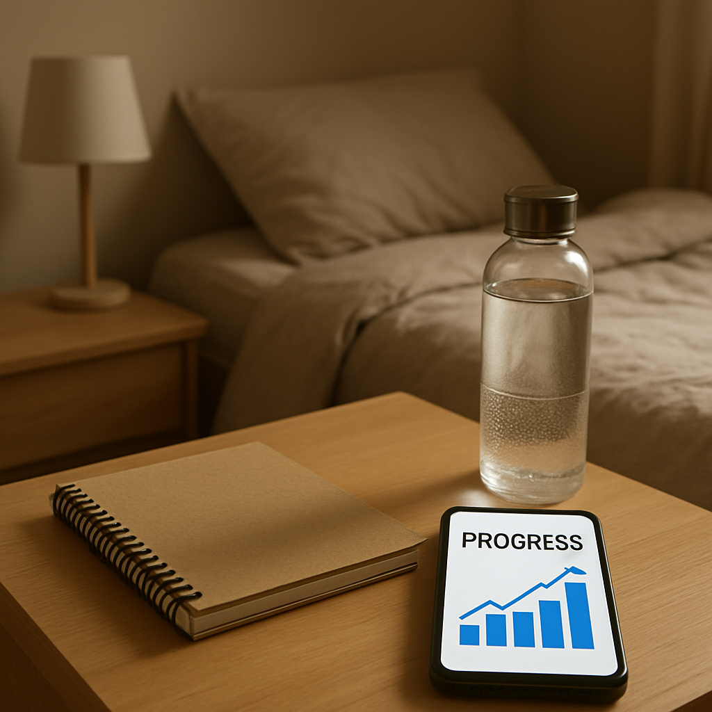 A calm bedroom scene with a notebook, a water bottle, and a phone displaying a simple progress chart. Alt: monitoring progress during detox treatment