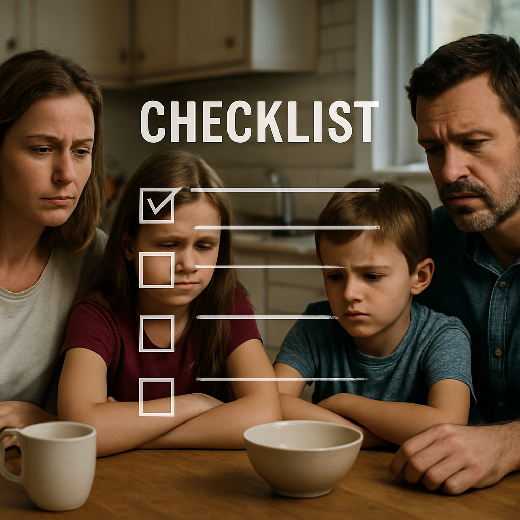 A family sitting around a kitchen table, looking concerned, with a subtle overlay of a checklist. Alt: family recognizing need for intervention
