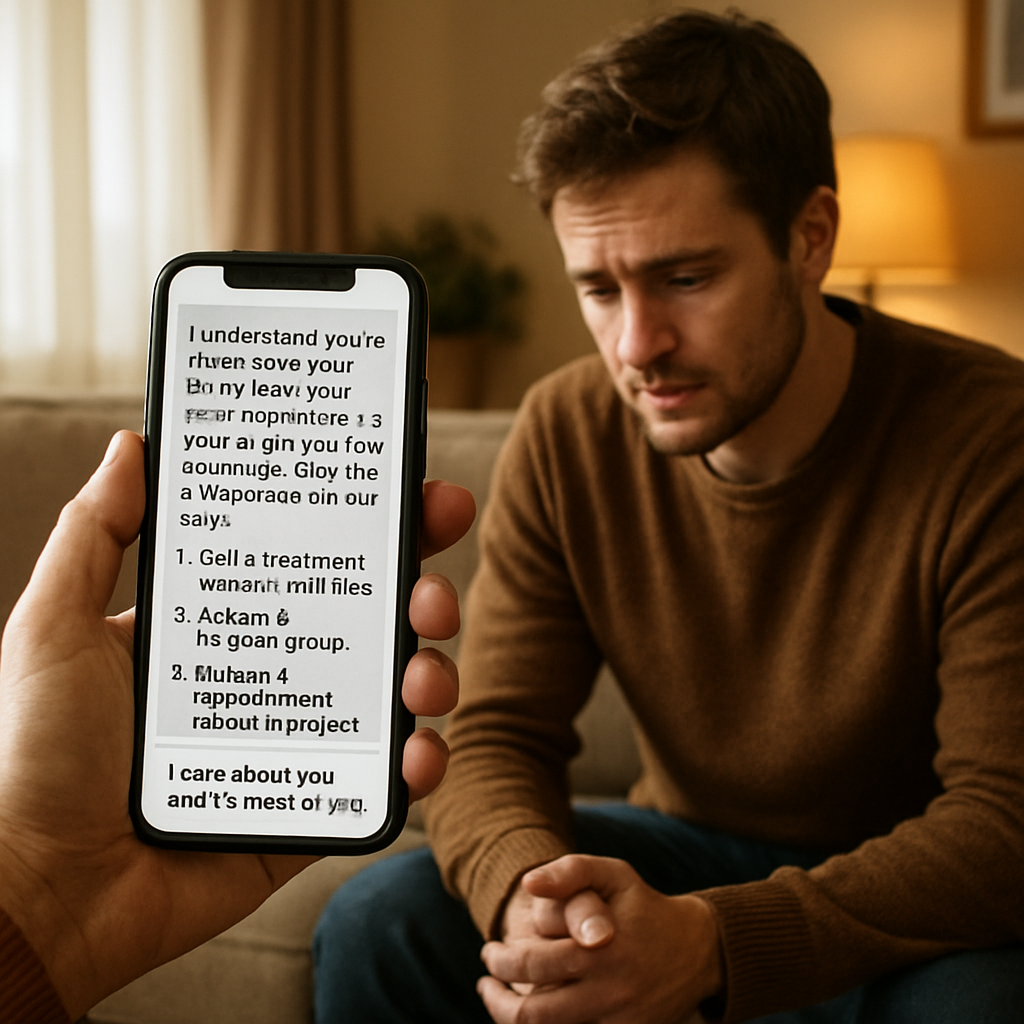 A warm living room scene where a family member hands a supportive text on a phone to a loved one, showing empathy and a clear follow‑up plan. Alt: drug and alcohol intervention follow‑up support plan illustration