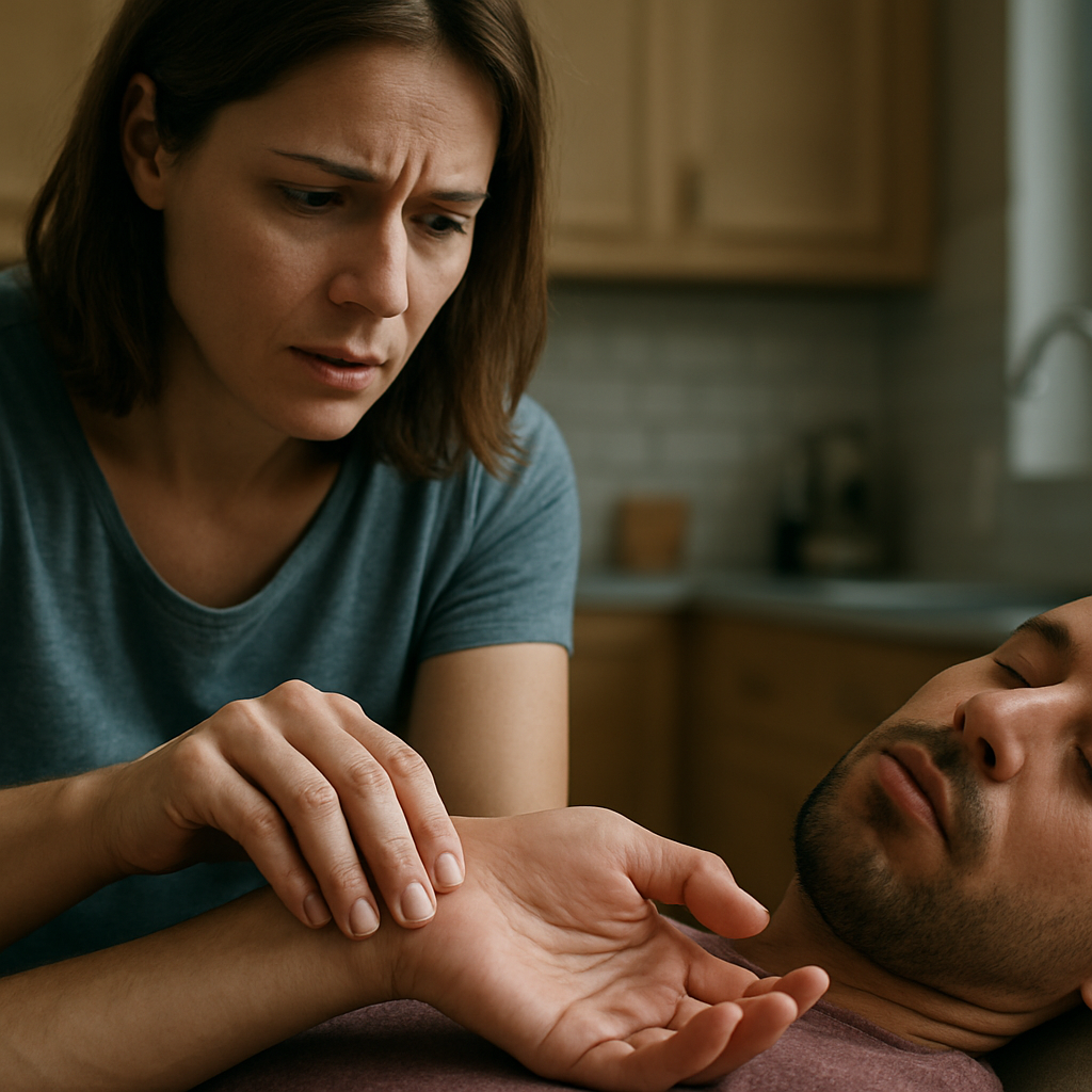 A close‑up of a concerned family member checking a loved one’s pulse on their wrist, with a calm kitchen background. Alt: Recognize emergency signs during an overdose situation