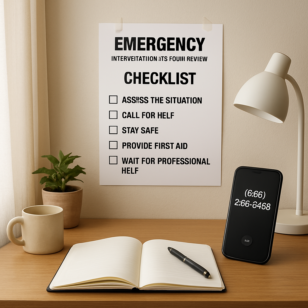 A calm, well‑lit home office with a notebook open, a pen, a printed emergency checklist taped to a wall, and a phone displaying the number (949) 545‑3438. Alt: Emergency intervention protocol review checklist in a family setting.
