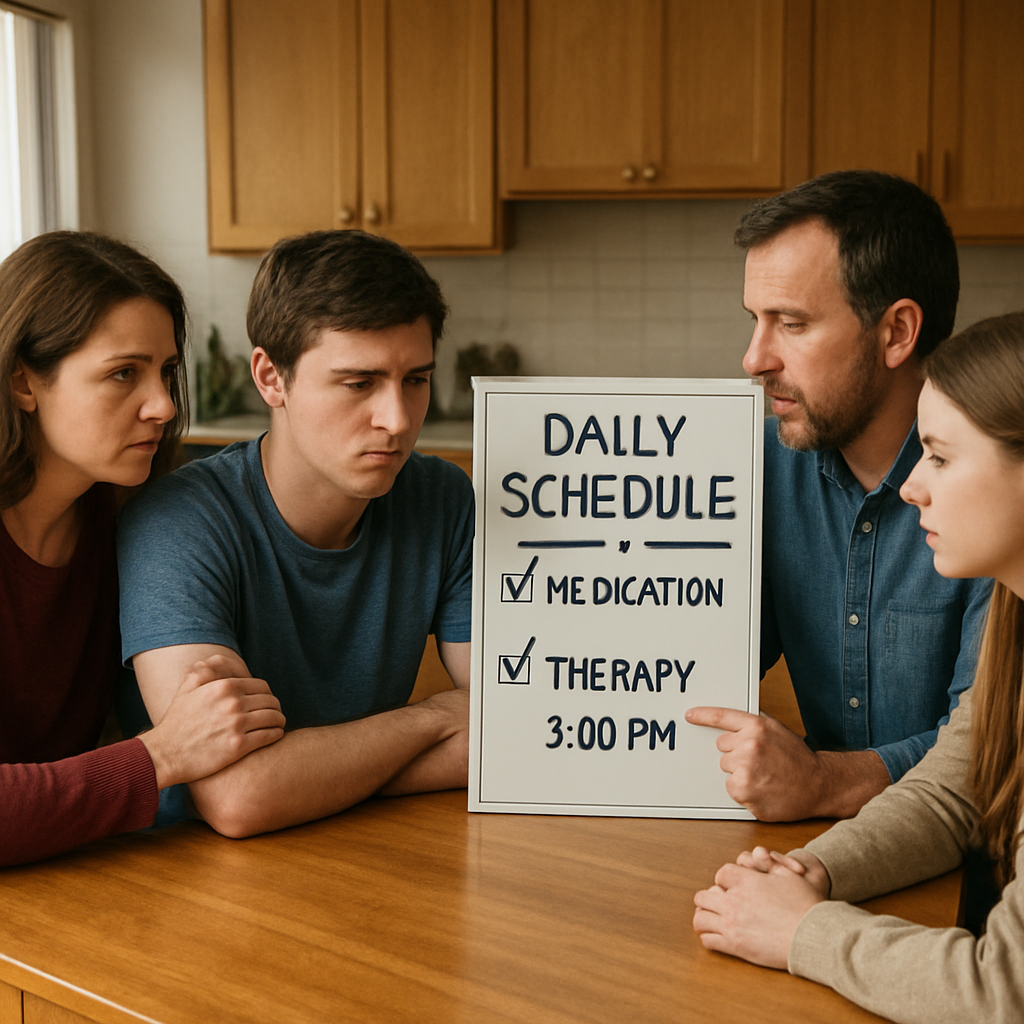 A warm family sitting around a kitchen table, with a whiteboard displaying a simple daily schedule for medication and therapy. Alt: Family intervention for schizophrenia schedule visual guide.