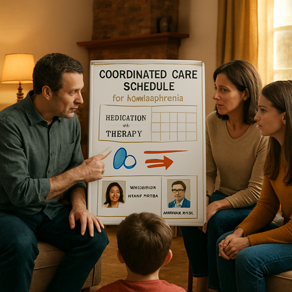 A warm living room with a family gathered around a whiteboard showing a coordinated care schedule, medication icons, and therapist contact cards. Alt: family coordinating professional support for schizophrenia care