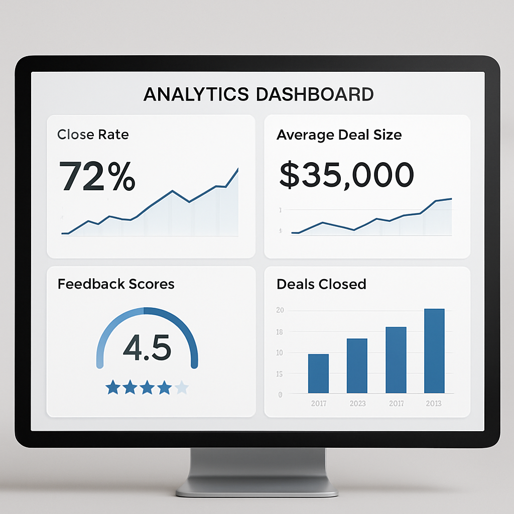 An analytics dashboard showing negotiation metrics like close rate, average deal size, and feedback scores. Alt: Measuring success metrics and feedback loops in negotiation.