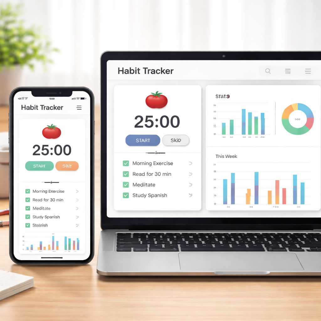 An illustration of a mobile phone and laptop side‑by‑side, each displaying a clean habit‑tracker interface with Pomodoro timers, checkboxes, and simple charts. Alt: habit tracker for pomodoro sessions visual guide.