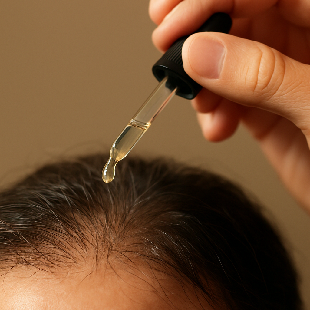 A close‑up of a hand dropping a few drops of clear hair growth oil onto a scalp, with soft lighting highlighting the texture of the oil. Alt: hair growth oil for thinning hair applied to scalp