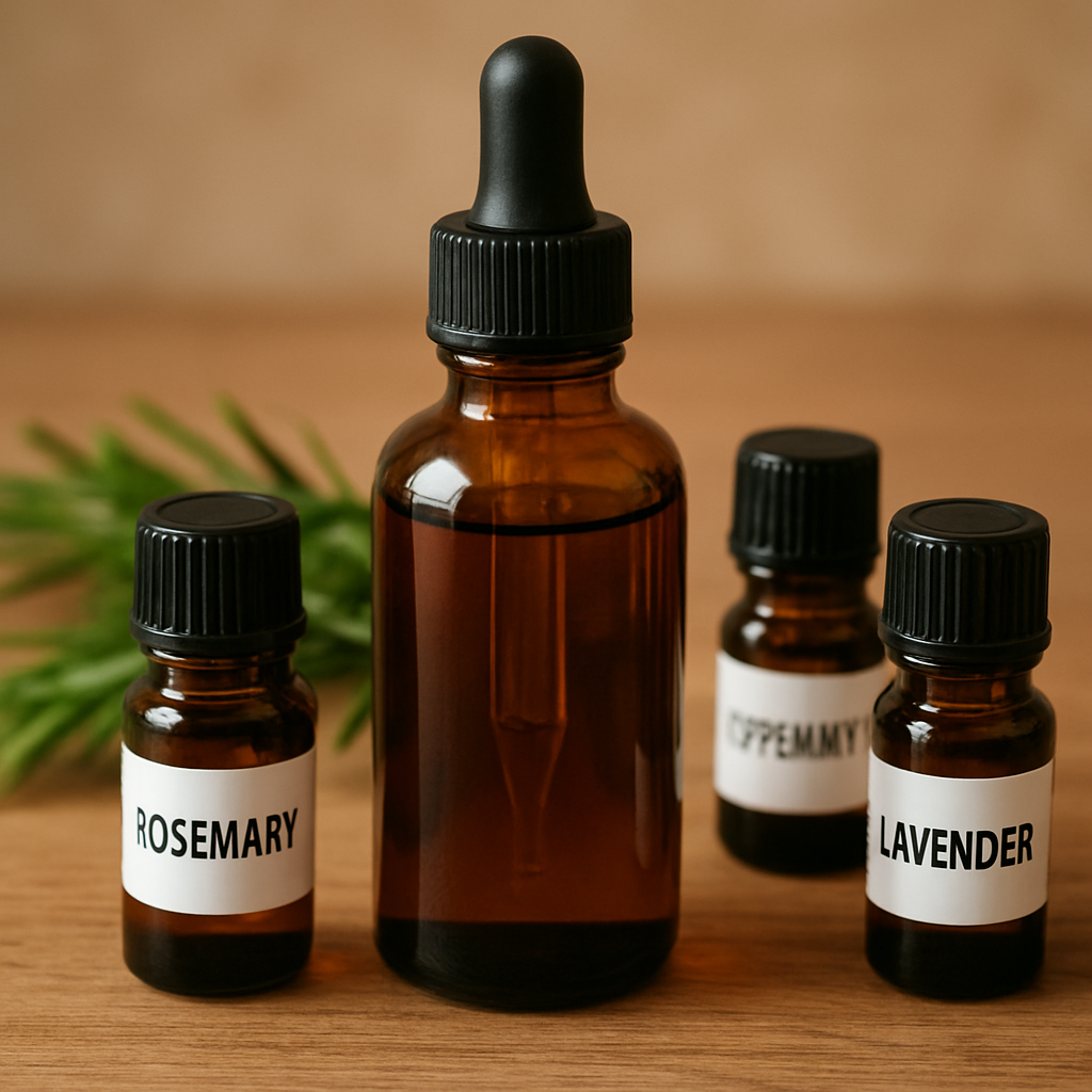 A close‑up of a glass dropper bottle filled with a golden‑brown hair oil blend, surrounded by small bottles of rosemary, peppermint, and lavender essential oils. Alt: DIY hair growth oil for thinning hair recipe ingredients.