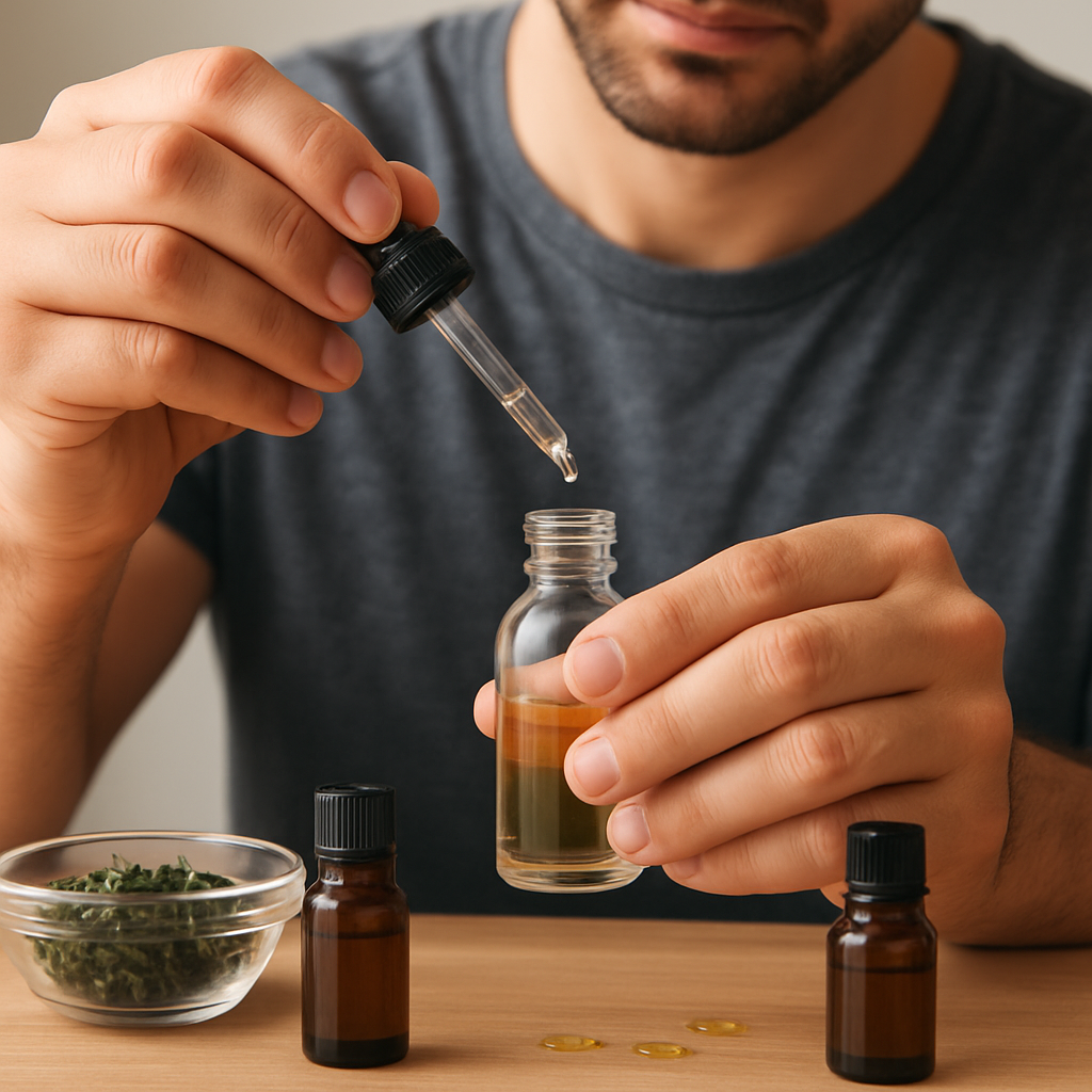 A close‑up of a man mixing a DIY hair growth serum in a small glass bottle, with ingredients like green tea, carrier oils, and essential oil drops scattered around. Alt: DIY hair growth serum for men, natural ingredients, step‑by‑step mixing.