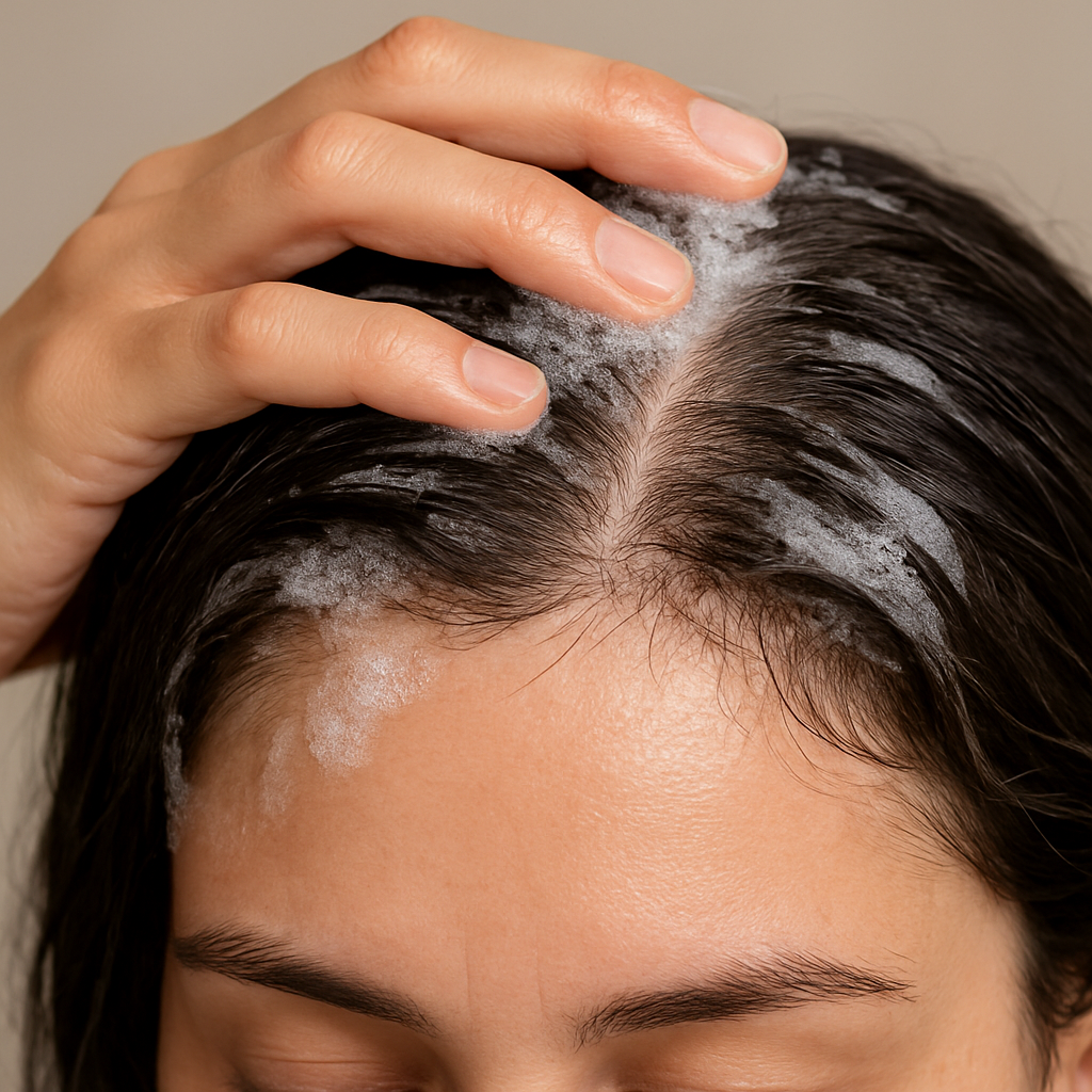 A close‑up of a woman's hand gently massaging her scalp with a foamy shampoo, highlighting healthy scalp texture. Alt: Identify cause of hair loss scalp health assessment