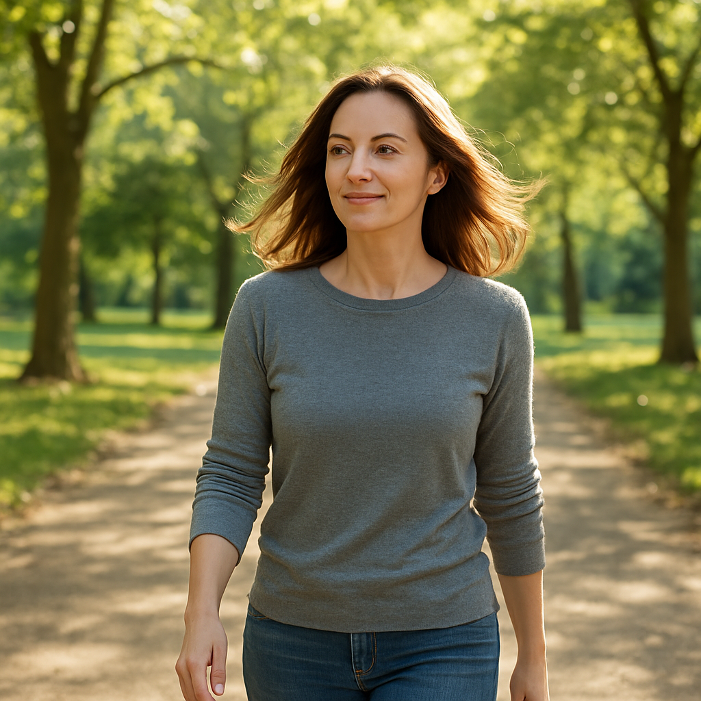 A woman in her mid‑30s walking through a leafy British park, hair gently swaying, sun filtering through trees. Alt: Lifestyle changes for hair health – walking, sunshine, healthy hair.