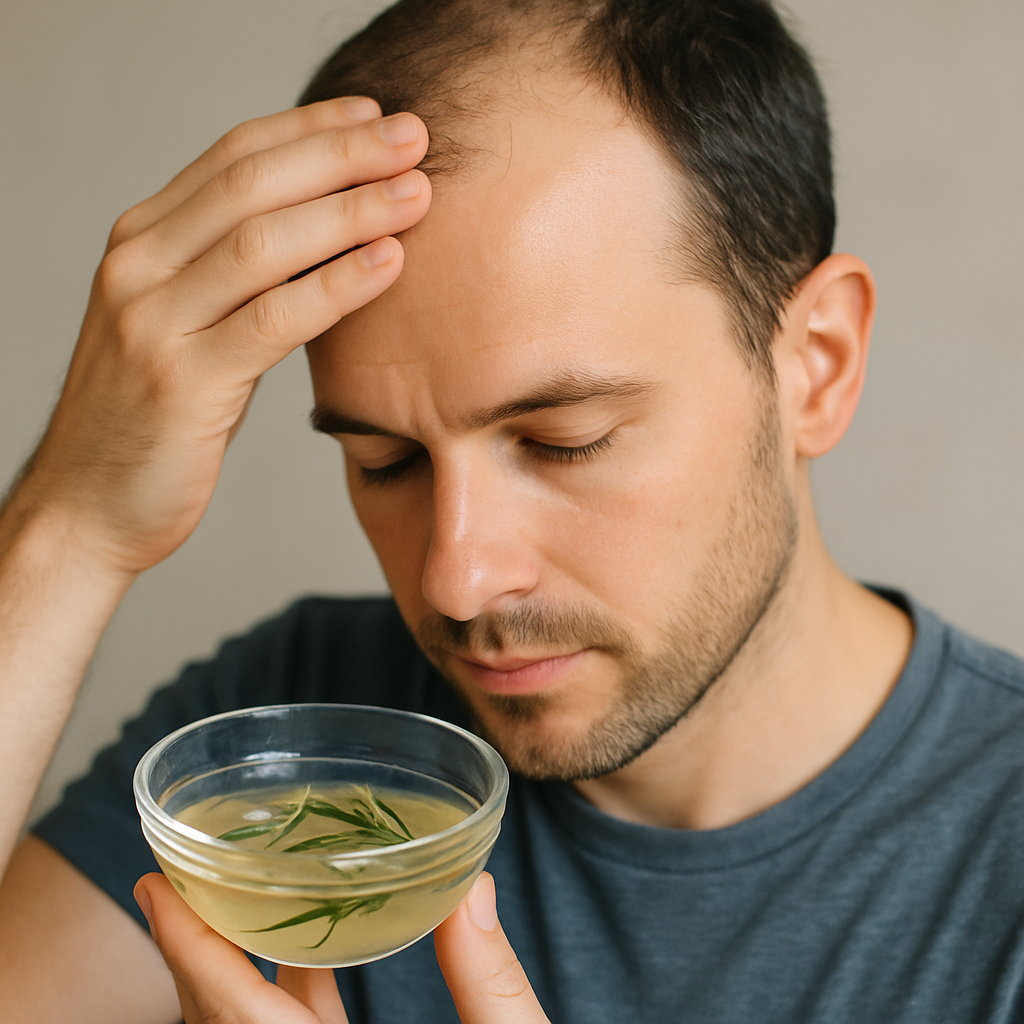 A close‑up of a man gently massaging his scalp with a small bowl of rosemary‑infused coconut oil, showing the texture of the oil and a calm, focused expression. Alt: Understanding male hair loss causes and scalp care for home remedies.