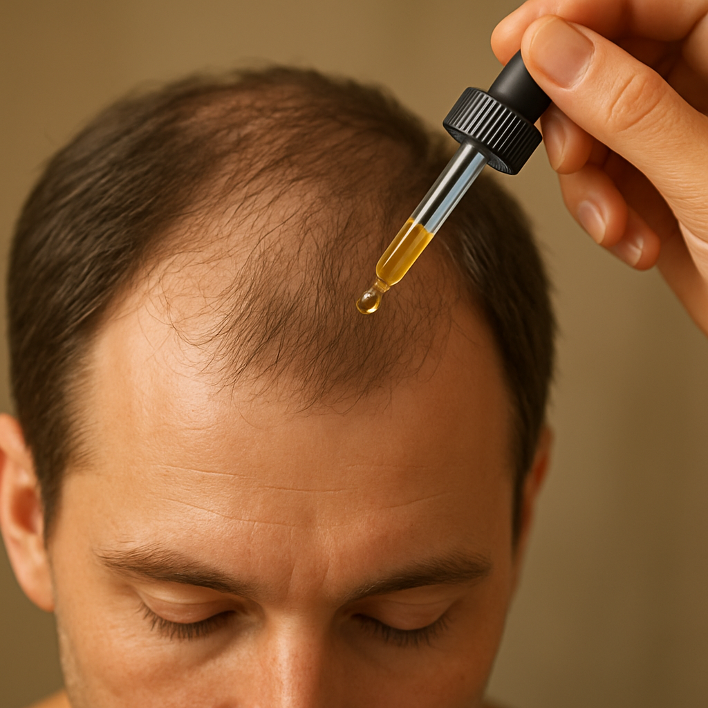A close‑up of a man’s scalp being massaged with a dropper of oil, soft lighting, showing healthy and thinning areas side by side. Alt: Applying hair loss home remedies for men effectively