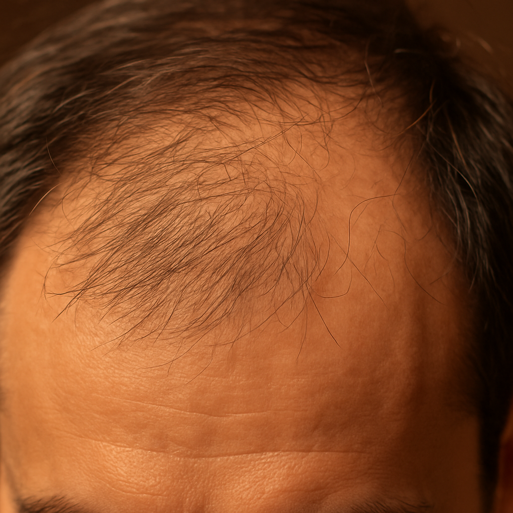 A close‑up of a man's scalp showing healthy hair follicles next to a few thin strands, warm lighting. Alt: Frequently overlooked hair health tips for men