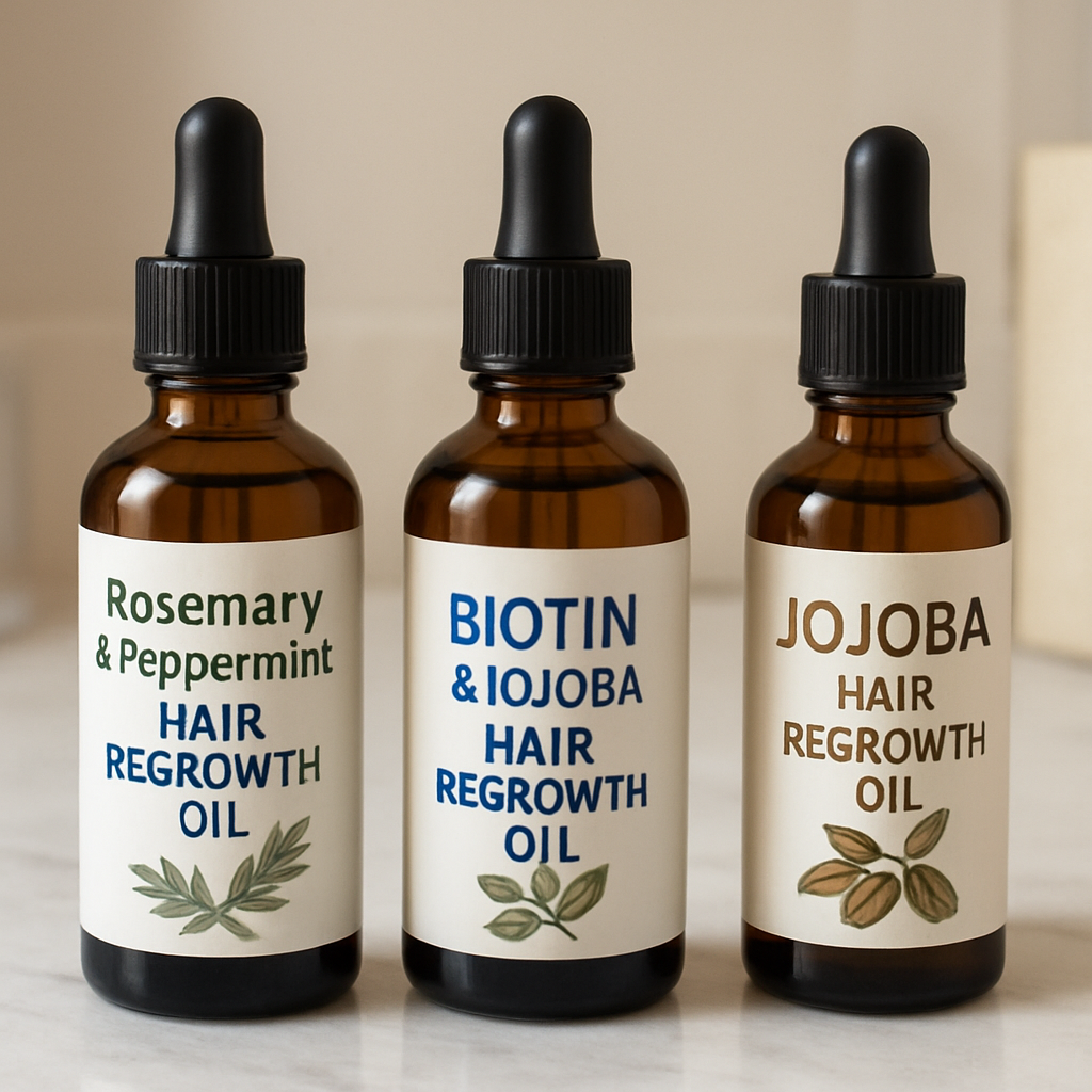 A close‑up of three different hair regrowth oil bottles on a marble vanity, each labelled with ingredients like rosemary, peppermint, biotin, and jojoba. Alt: Top recommended hair regrowth oils for men 2024, showcasing varied formulas.