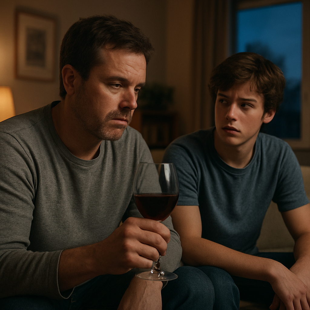 A photorealistic scene of a family living room at dusk, a parent subtly holding a glass of wine while a teenage child watches with concern, realistic lighting, realistic style, alt: Recognizing signs of alcohol abuse in a family setting.
