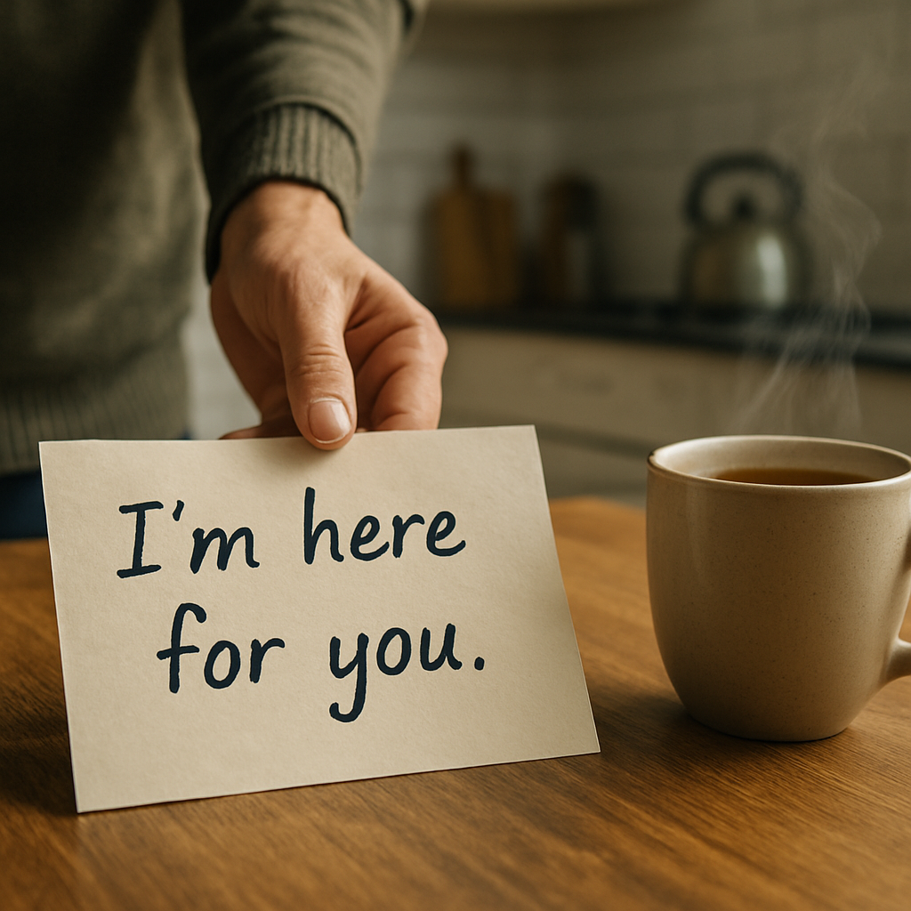 A photorealistic scene of a supportive family member gently placing a handwritten note on a kitchen table, with a cup of tea steaming nearby, symbolizing ongoing follow‑up after an intervention for an alcoholic parent. Alt: Follow‑up support after an intervention for alcoholic parent.