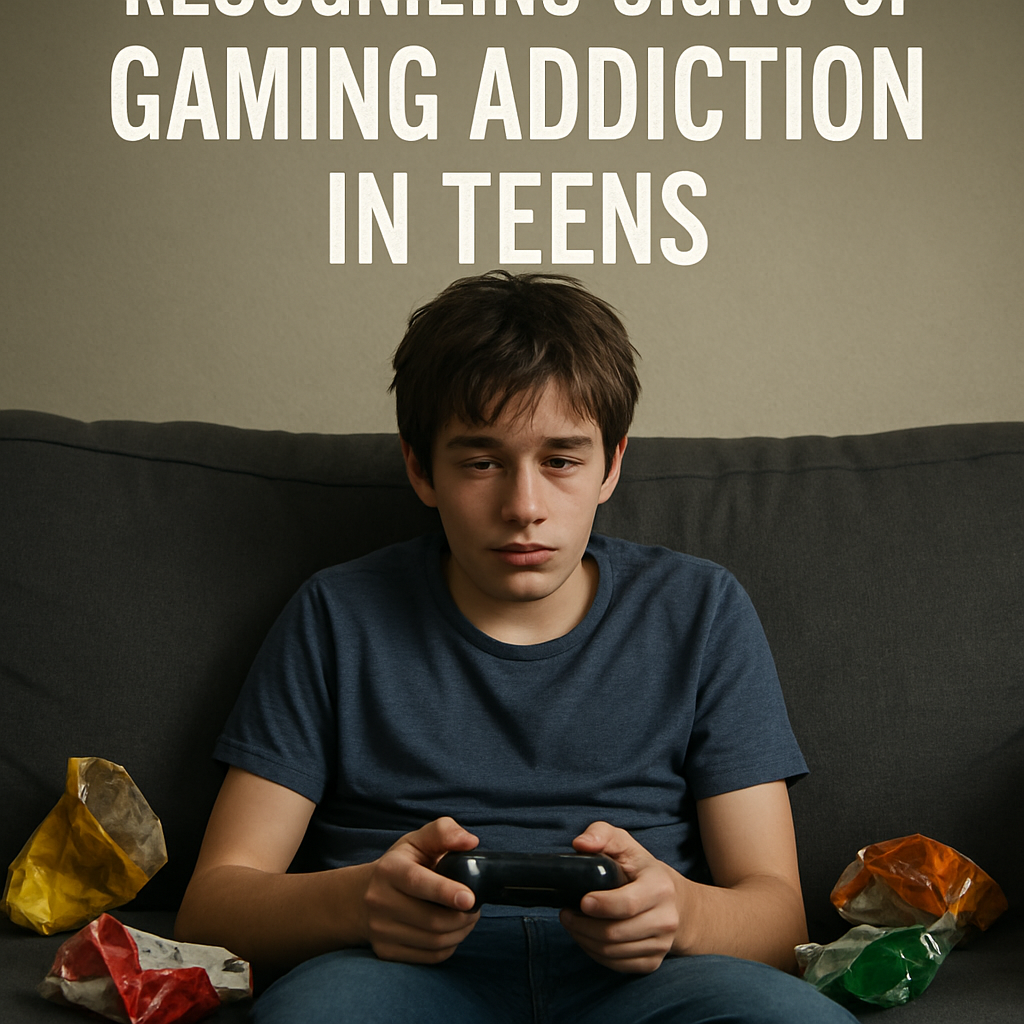 A teen sitting on a couch with a gaming controller in hand, looking tired and surrounded by empty snack wrappers. Alt: Recognizing signs of gaming addiction in teens