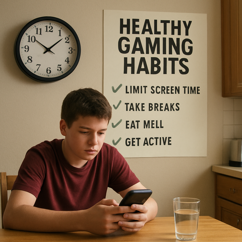 A teenager sitting at a kitchen table with a smartphone, a clock showing a set gaming time, and a checklist of healthy habits on the wall. Alt: Family-friendly visual guide to building long‑term healthy gaming habits