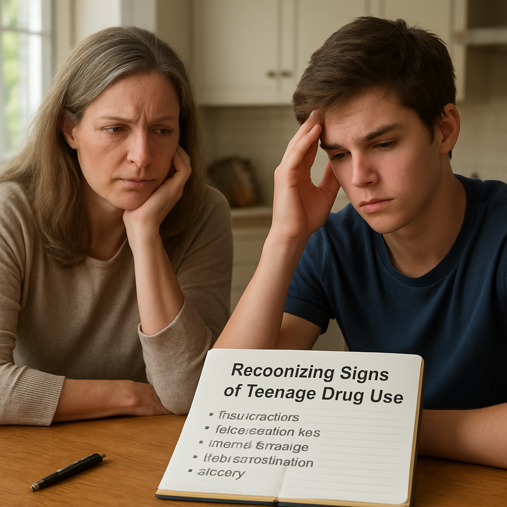 A photorealistic scene of a concerned parent and teenage child sitting at a kitchen table, both looking thoughtful, with a notebook open showing a list of observed signs of drug use. Alt: Recognizing signs of teenage drug use.