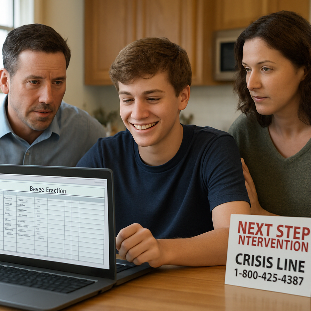 A photorealistic scene of a family sitting around a kitchen table with a laptop open to a shared mood‑tracking spreadsheet, a teen smiling as they update their entry, and a Next Step Intervention crisis line card visible on the countertop. Alt: Ongoing support and monitoring for teenage drug use intervention