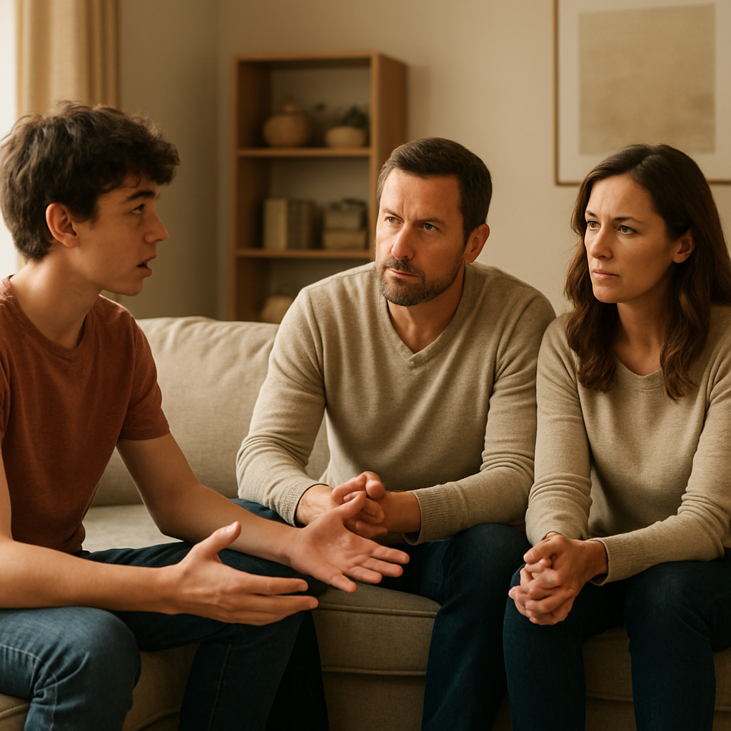 A warm, neutral living room scene with a family sitting on a couch, teen speaking while parents listen attentively. Alt: intervention for teens conversation setting