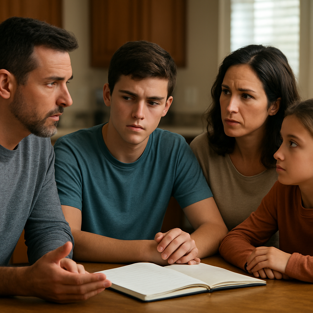 A family sitting around a kitchen table with a notebook open, discussing concerns calmly. Alt: family intervention assessment gathering facts.