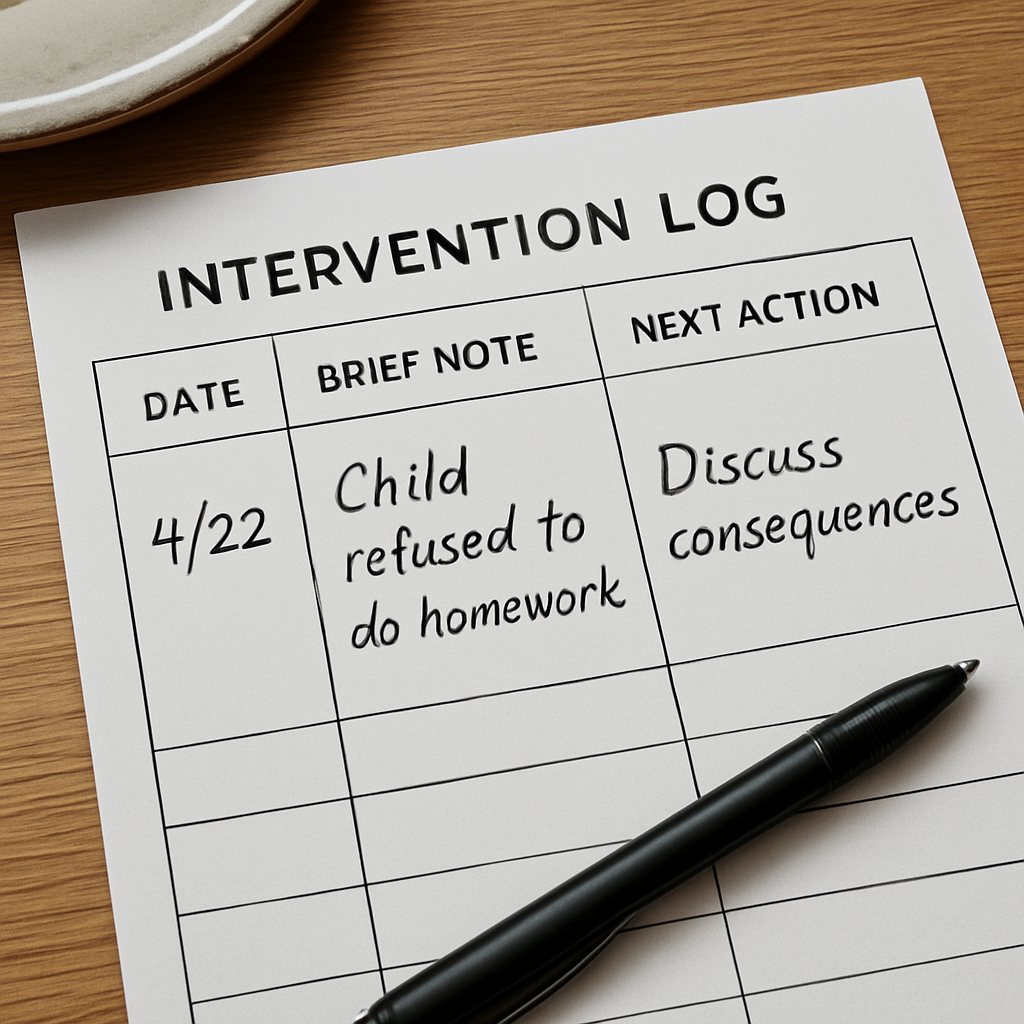A close‑up of a handwritten intervention log on a kitchen table, showing date, brief note, and next action column. Alt: Intervention steps documentation example with clear, simple columns.