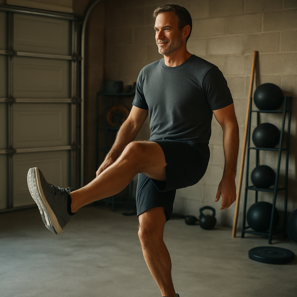 A fit middle‑aged man performing dynamic leg swings in a home garage, showing proper form and relaxed expression. Alt: knee pain exercises for men warm up mobility drills
