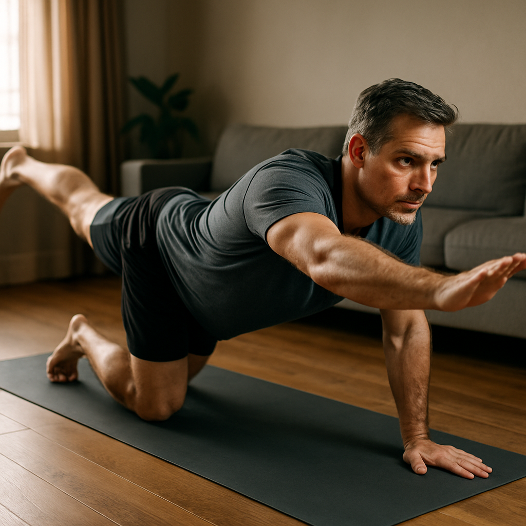 A mid‑life man performing a bird‑dog exercise on a yoga mat, showing a stable spine and engaged core. Alt: Core stability exercises for knee support in men over 40.
