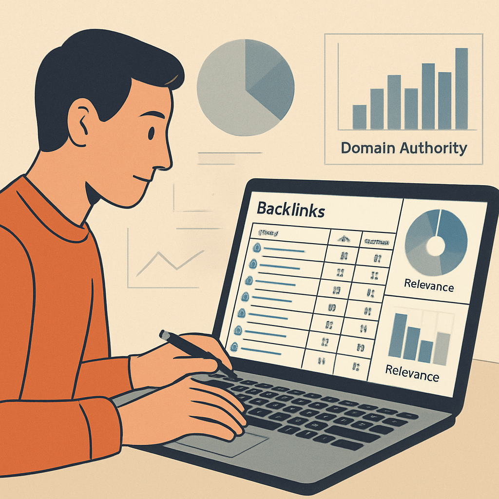 An illustration of a marketer analyzing a backlink spreadsheet on a laptop, with charts showing domain authority and relevance. Alt: Assess link building needs with data-driven spreadsheet