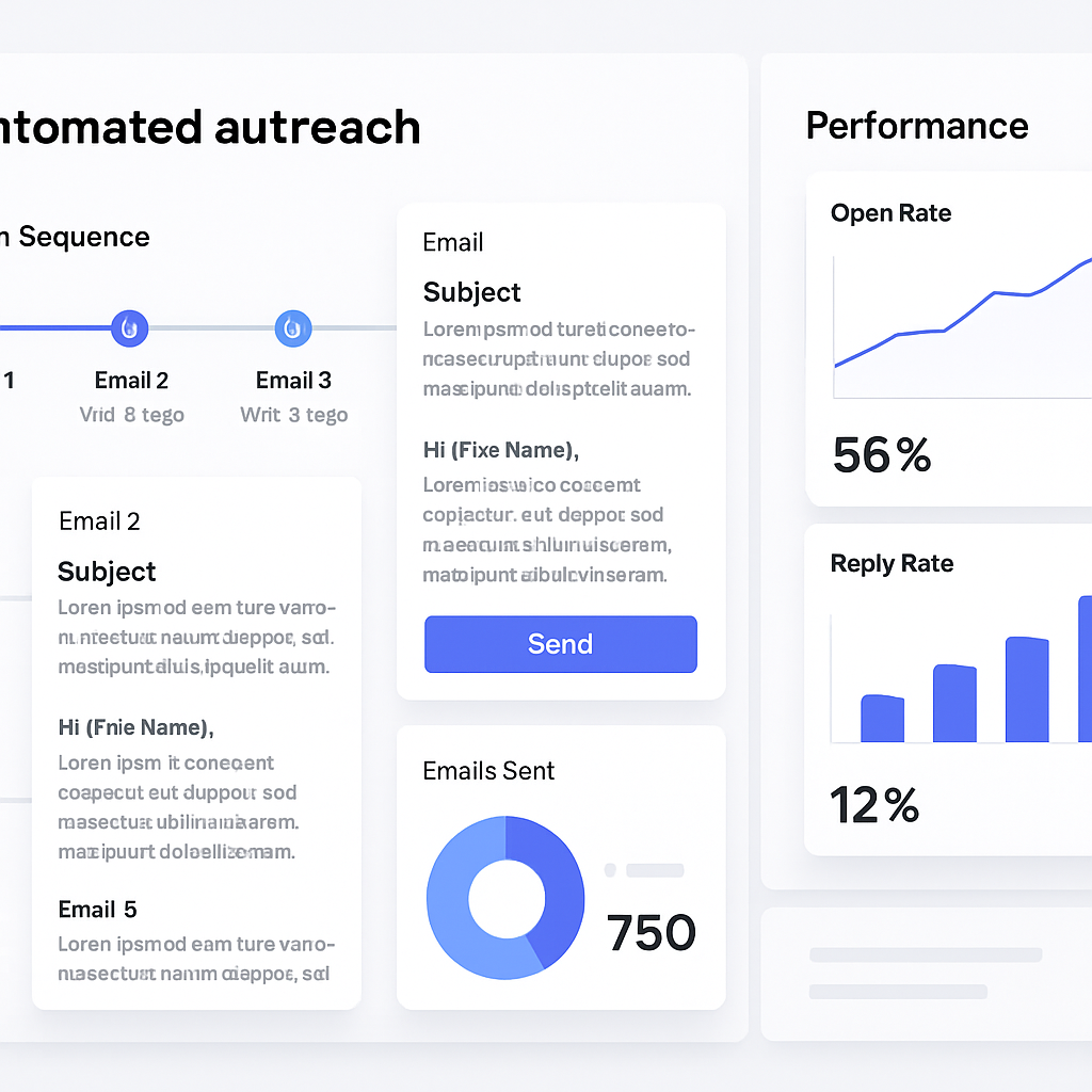 A sleek dashboard view of an automated outreach campaign with timelines, email snippets, and KPI graphs. Alt: link building automation tools campaign dashboard showing email sequence and performance metrics