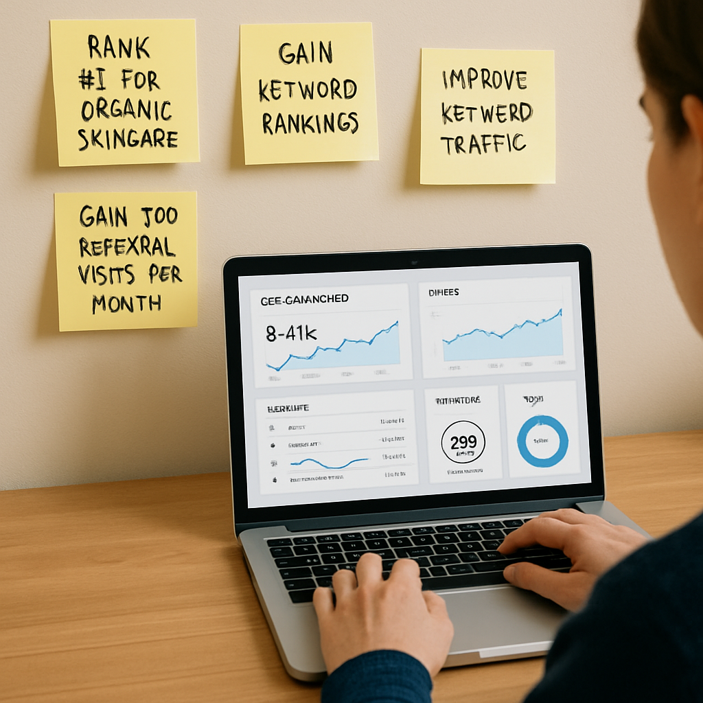 A marketer reviewing SEO dashboards on a laptop, surrounded by sticky notes that list SEO goals like "rank #1 for organic skincare" and "gain 200 referral visits per month". Alt: Assess SEO goals before using a link insertion service.