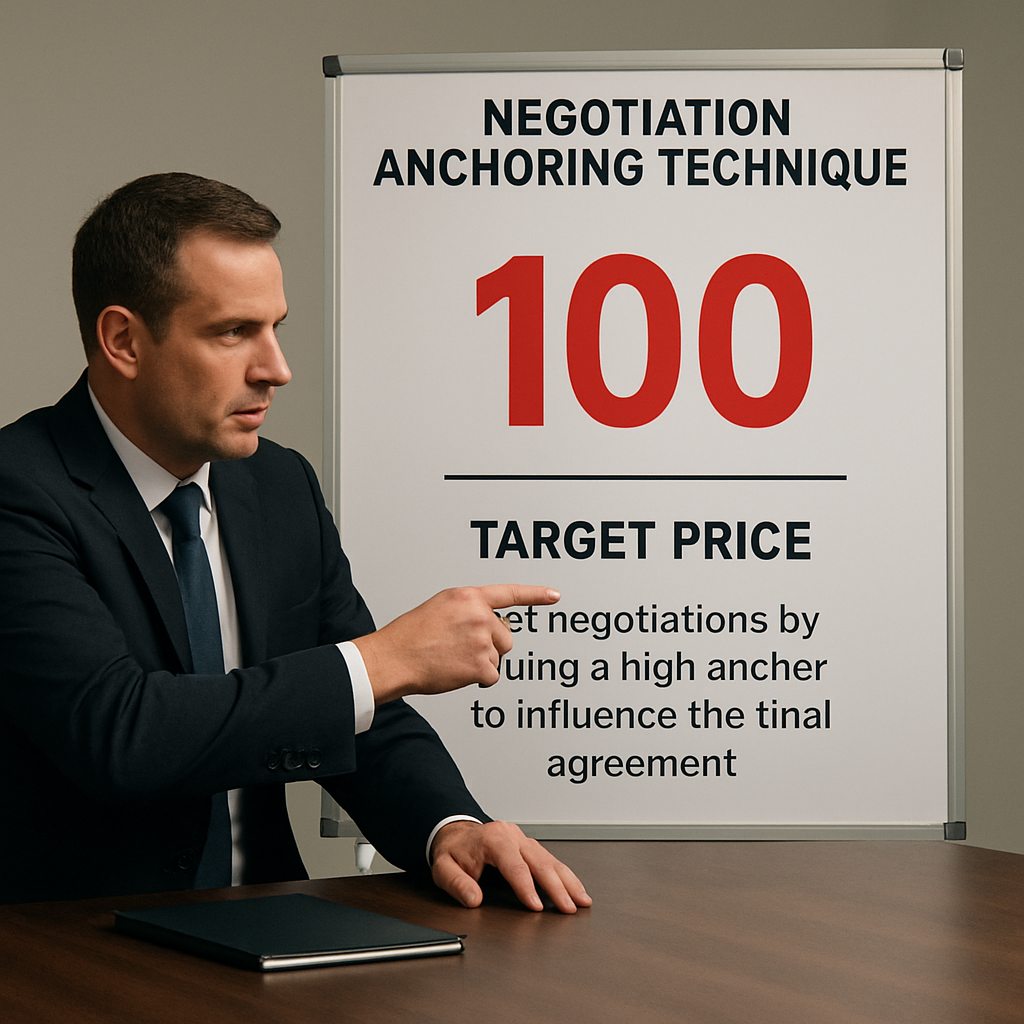A professional negotiator at a conference table, pointing at a whiteboard with a bold number highlighted in red; Alt: Negotiation anchoring technique visual guide