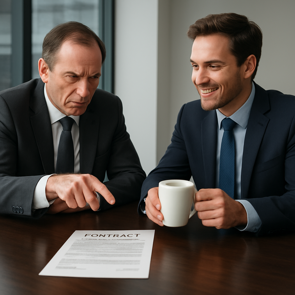 Two businesspeople at a sleek corporate boardroom table, one sternly pointing at a contract while the other offers a coffee with a warm smile. Alt: Good cop bad cop negotiation tactic illustration showing contrast between harsh and friendly negotiators.