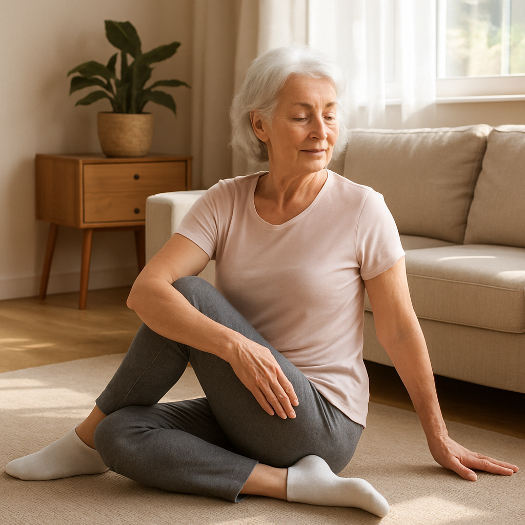 A senior woman gently performing seated spinal twist stretch in a sunny living room. Alt: Lower back strengthening exercises for seniors focusing on stretching and flexibility.