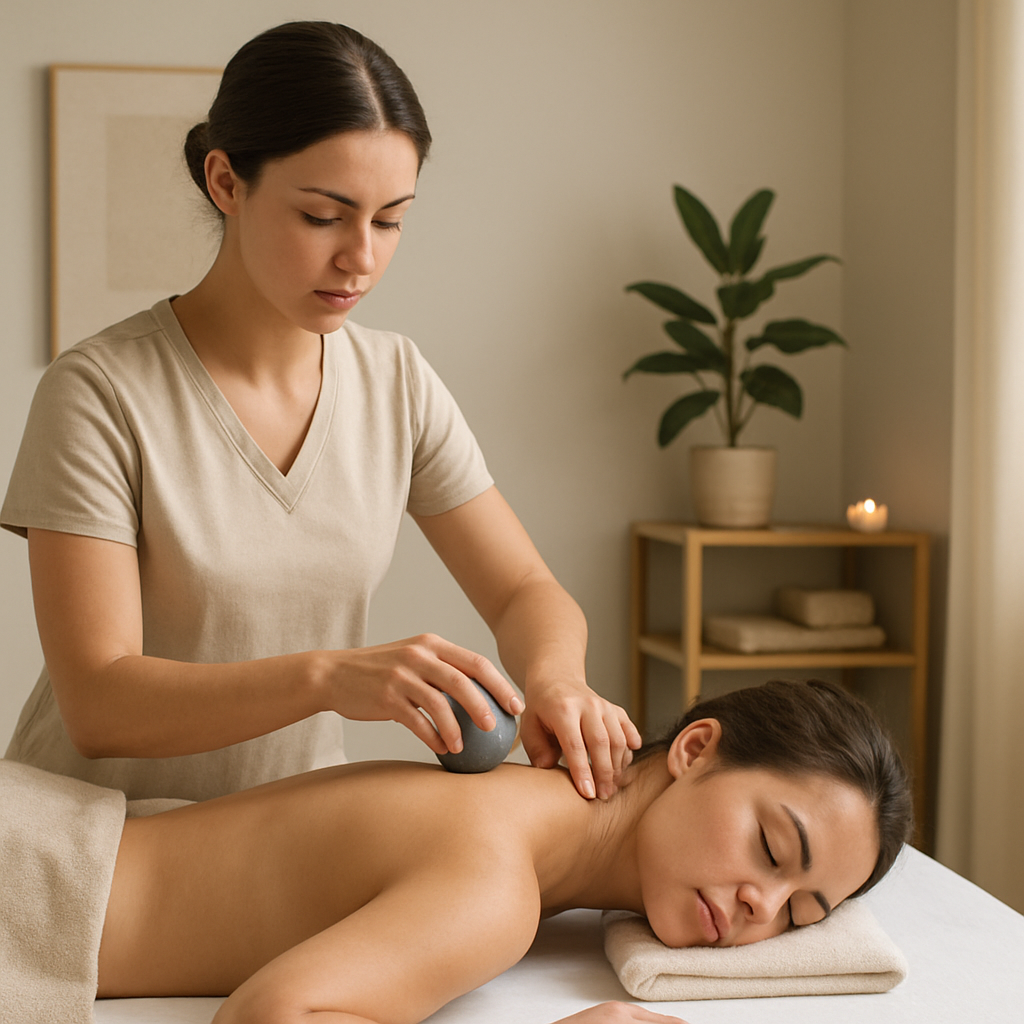 A calm, modern massage studio with a therapist using a small ball to locate a trigger point on a client’s neck. Alt: Identify trigger points for tension headaches in a massage setting