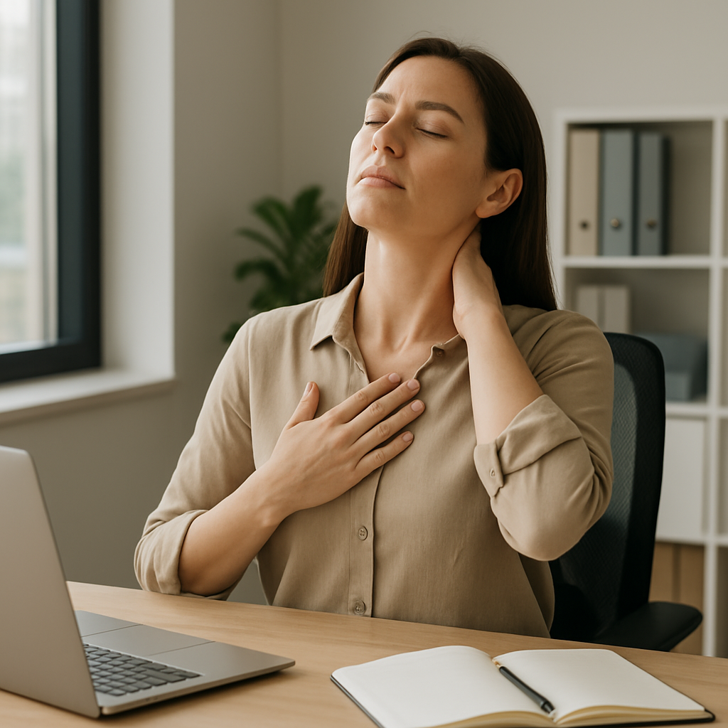 A person sitting at a desk, performing deep breathing and gentle neck stretches, with a calm office background. Alt: Integrating breathing and stretching for tension headache relief.
