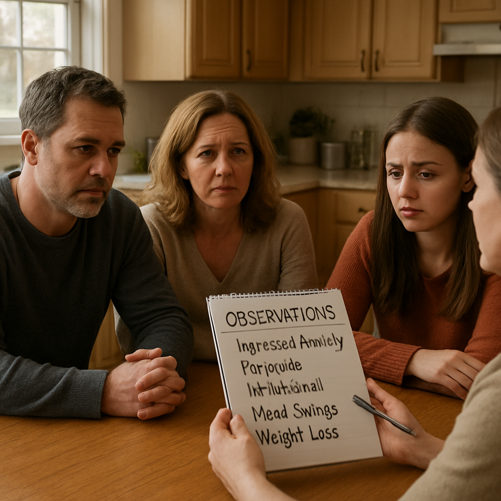 A compassionate family sitting around a kitchen table, one person holding a notepad with observations about a loved one's behavior, soft natural lighting, alt: Recognizing signs of meth addiction in a family setting