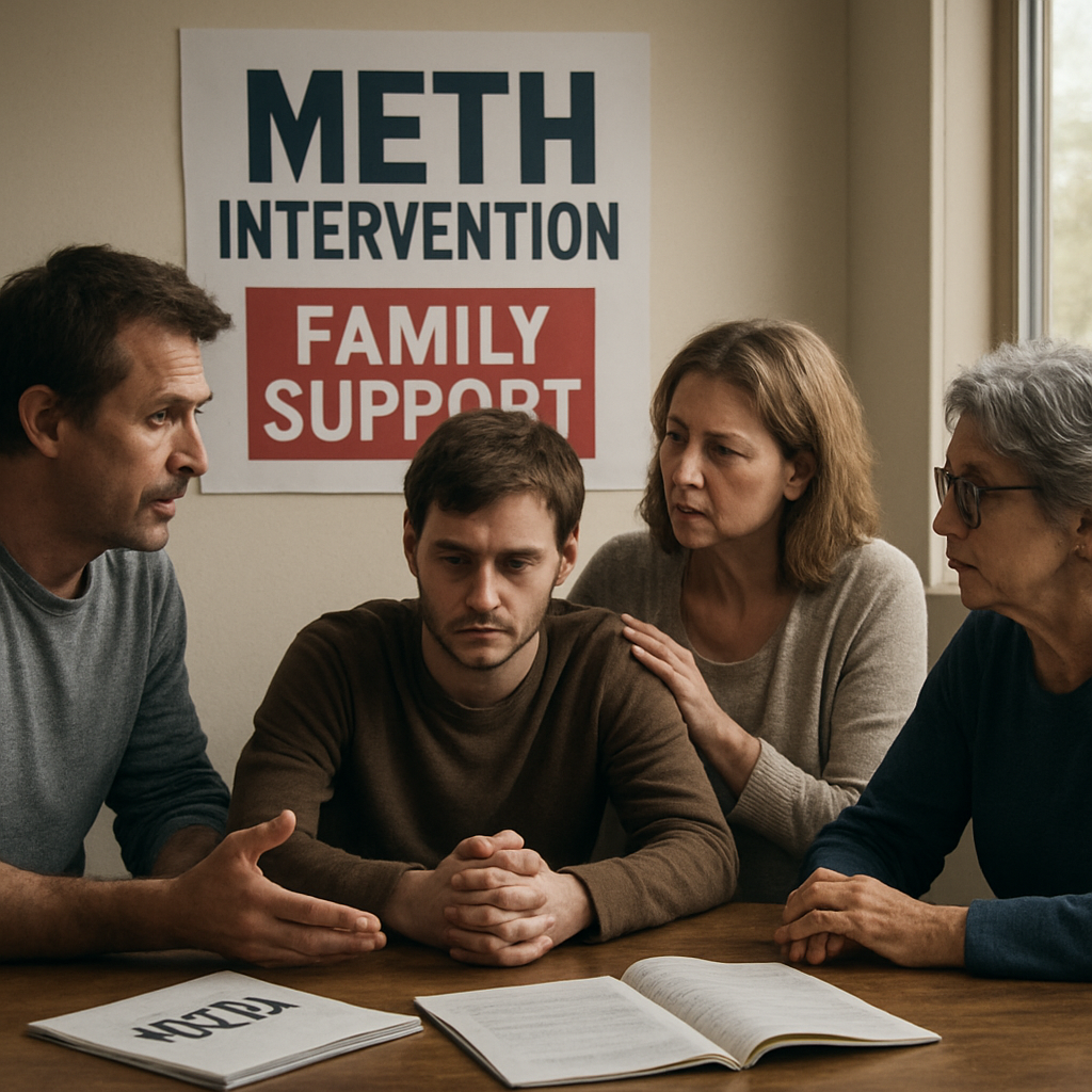 A compassionate family circle sitting around a table with supportive materials, highlighting an intervention setting. Alt: meth intervention family support meeting